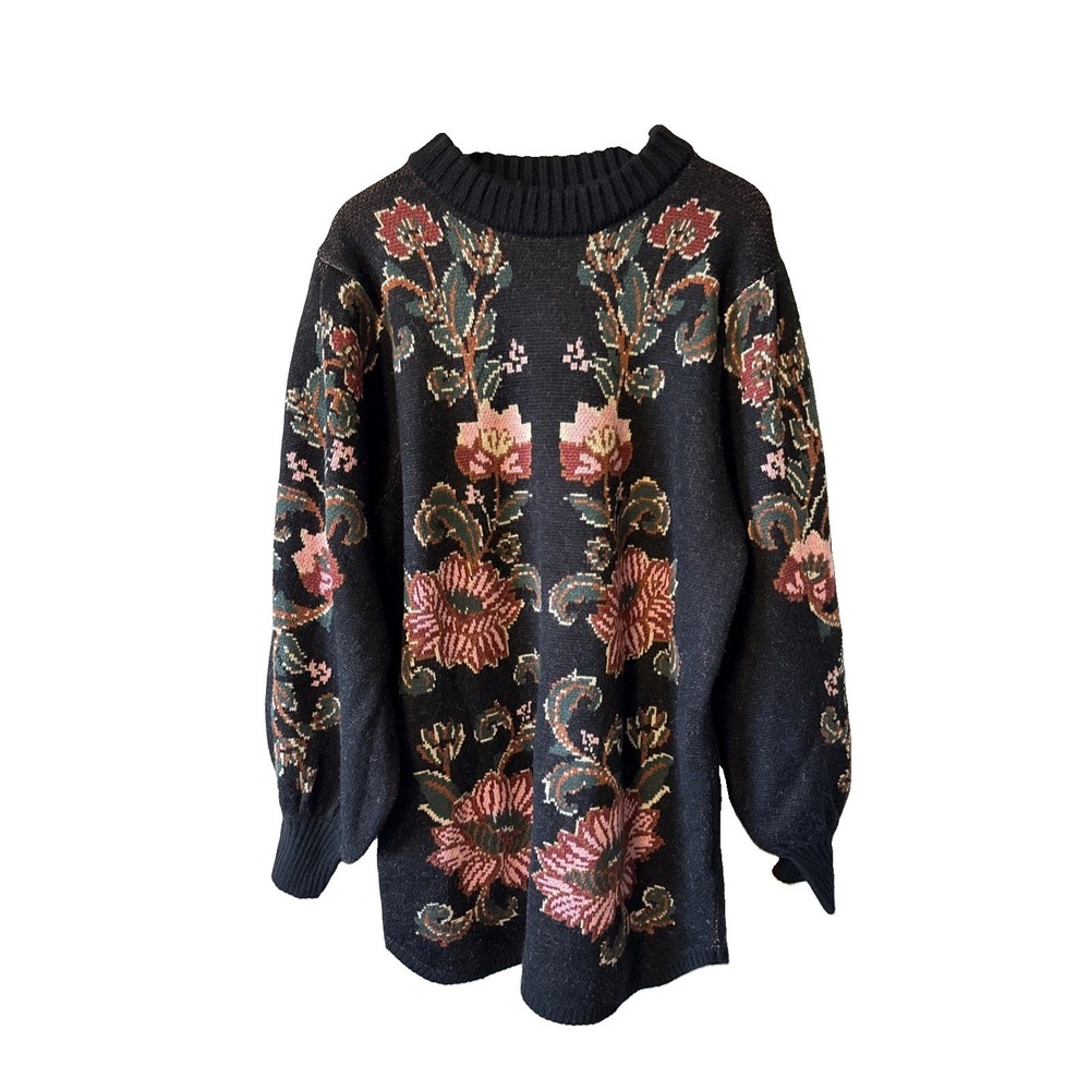 Farm Rio Ravenala Knit Black Floral Mini Sweater Dress XL Balloon Sleeve 338281